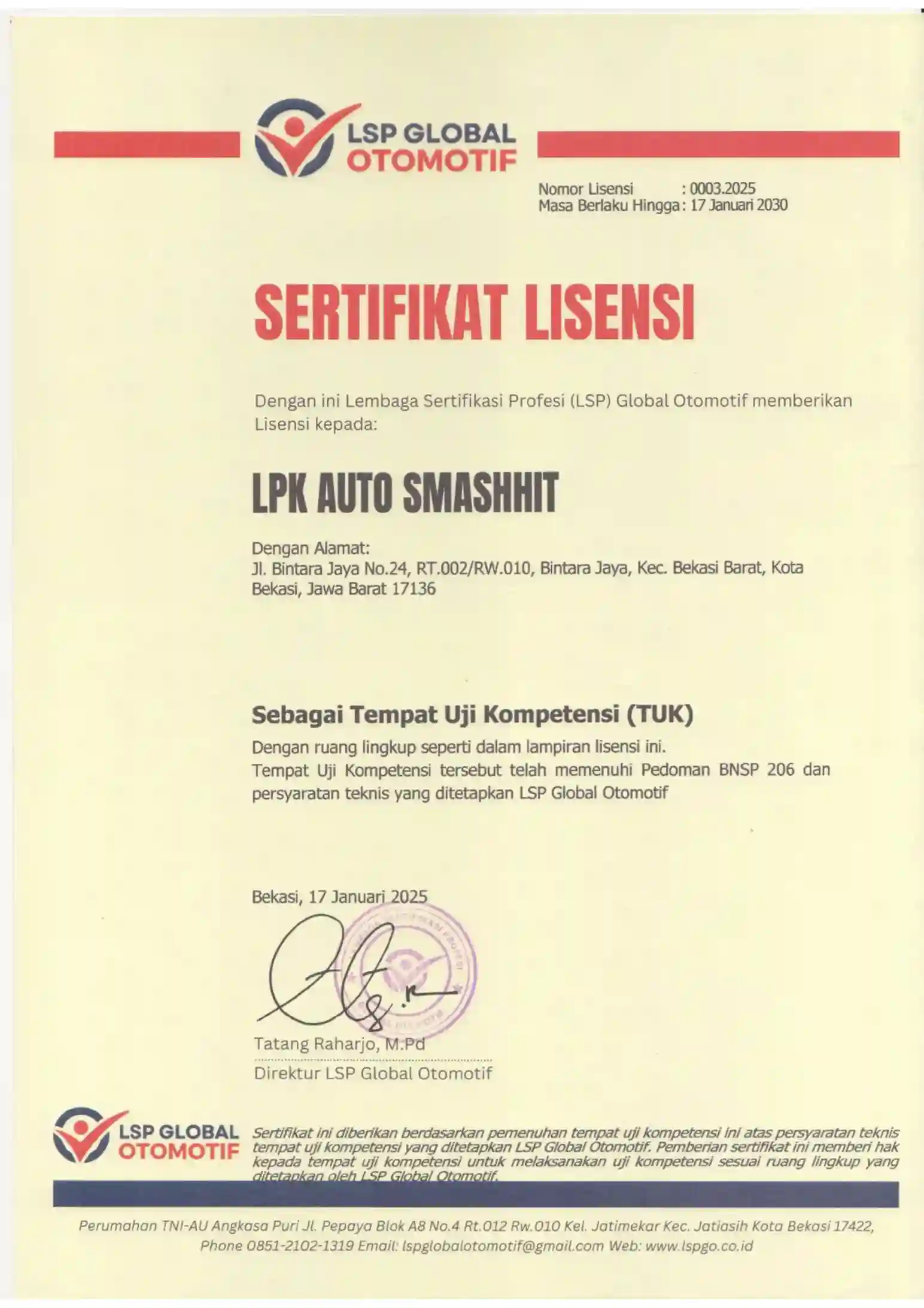 Sertifikat Teknisi Ahli TUK LSPGO