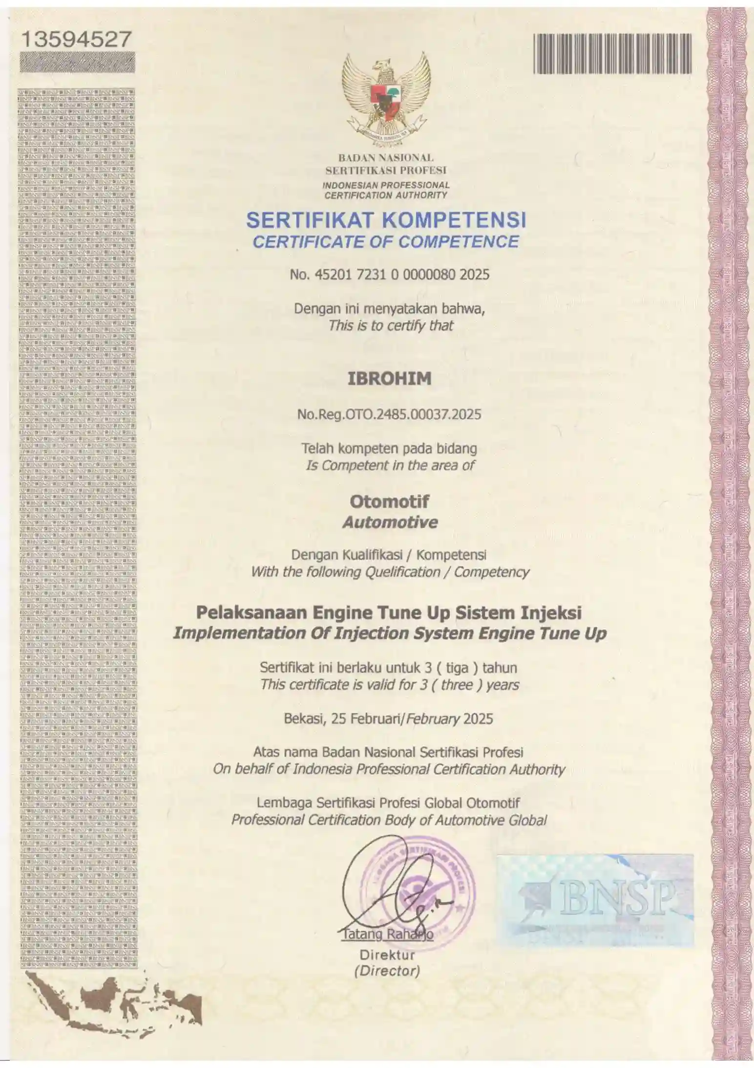 Sertifikat Teknisi Ahli Ibrohim .Engine Tune Up