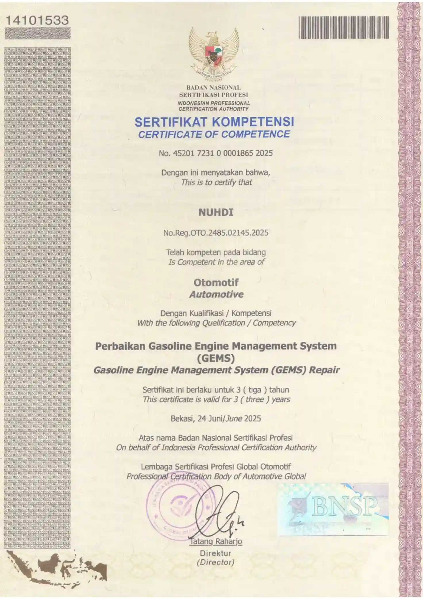 Sertifikat Teknisi Ahli Nuhdi .GEMS