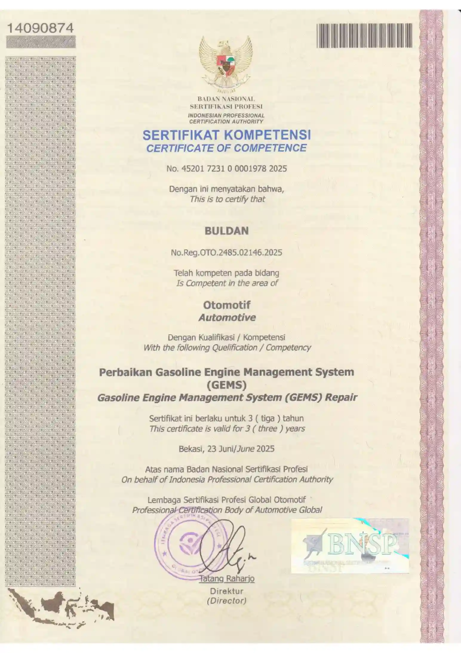 Sertifikat Teknisi Ahli Buldan .GEMS